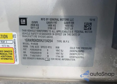 2017 Chevrolet Traverse 1Lt from USA, damaged, VIN 1GNKRGKD6HJ194294